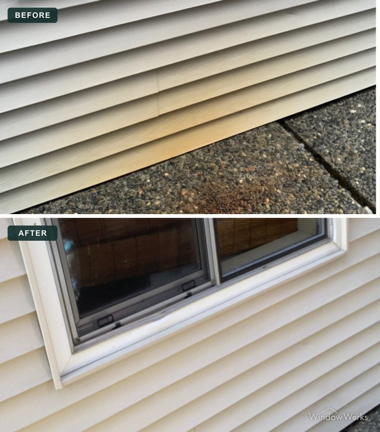 Before and after WindowWorks lifting rust staining from vinyl siding and aggregate concrete with targeted chemistry, Eastside Seattle.