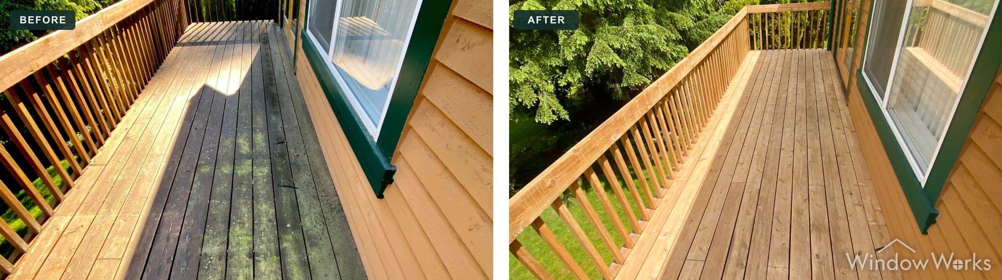 Before and after WindowWorks cleaning a wood deck darkened by algae, restored to bright clean boards, Eastside Seattle.