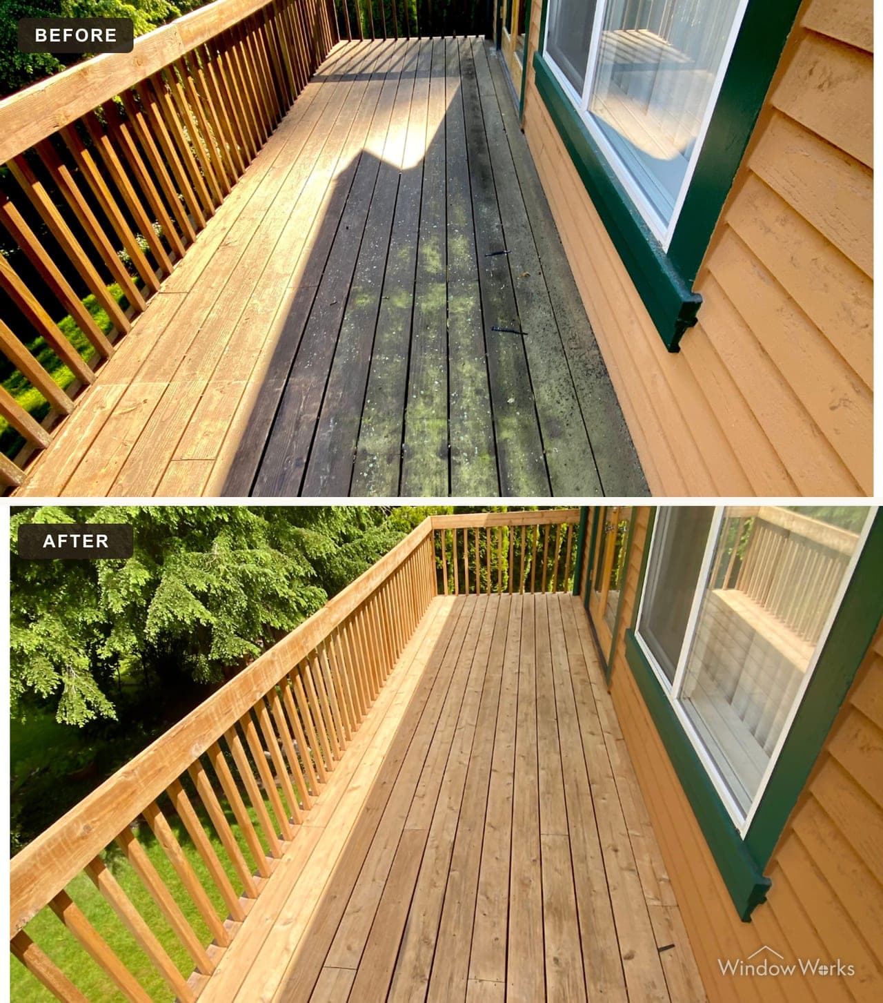 Before and after WindowWorks cleaning a wood deck darkened by algae back to bright, clean boards on the Eastside