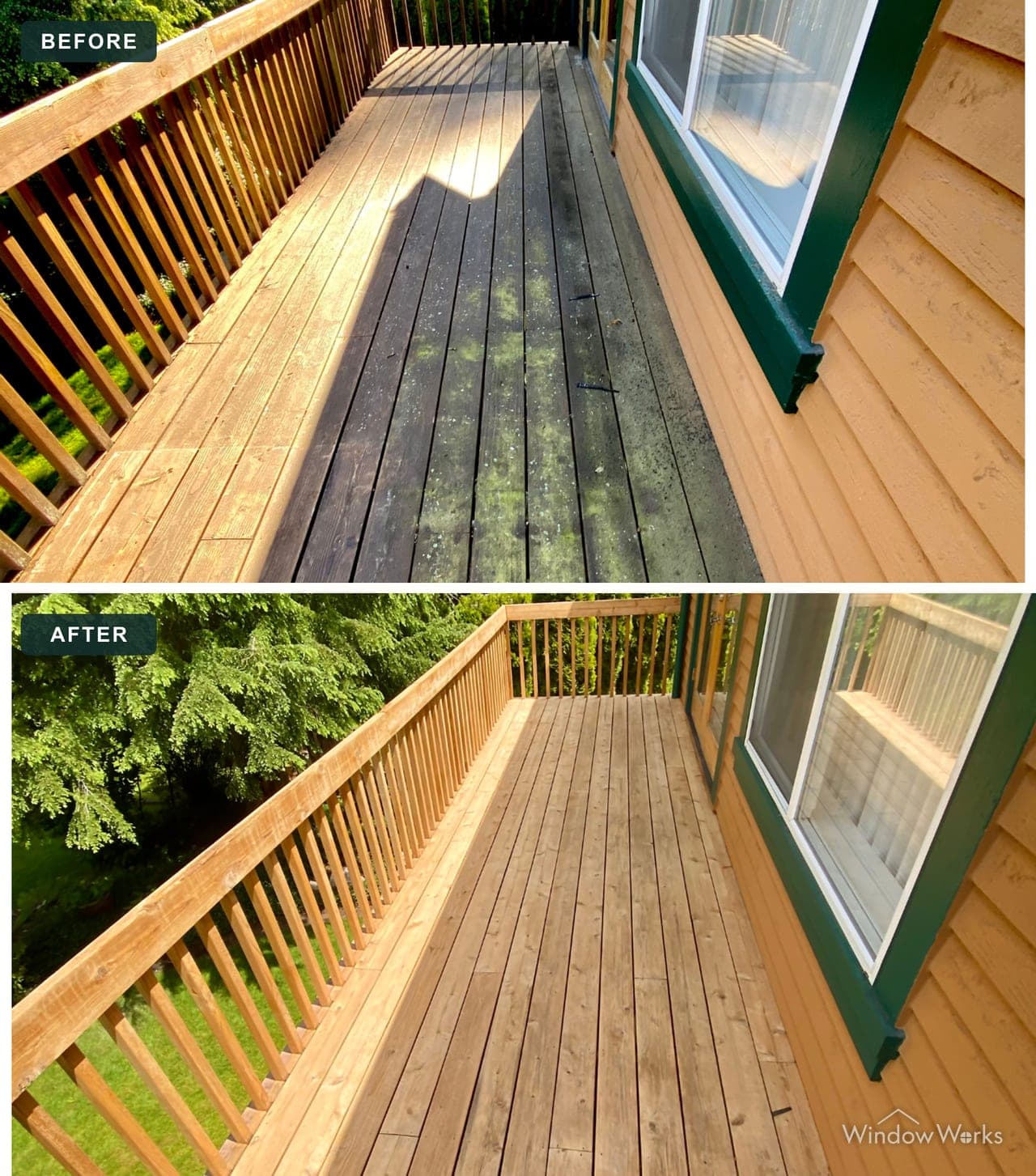 Before and after WindowWorks cleaning a wood deck darkened by algae, restored to bright clean boards, Eastside Seattle.
