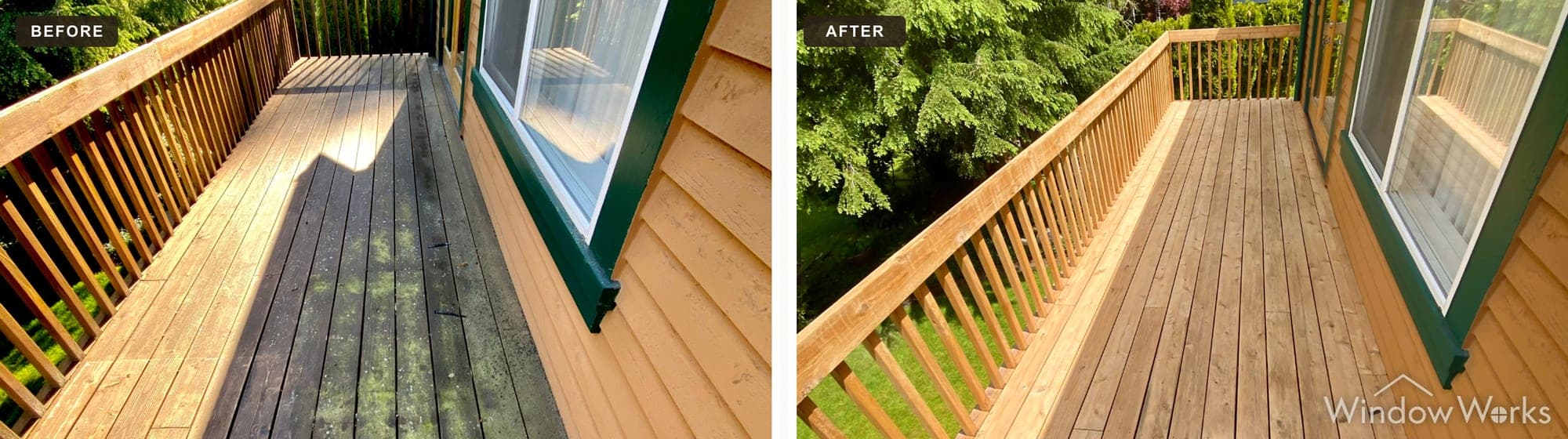 A WindowWorks technician removes green algae staining and built-up grime from a wood deck and railing, leaving the boards clean and evenly toned, Eastside Seattle.