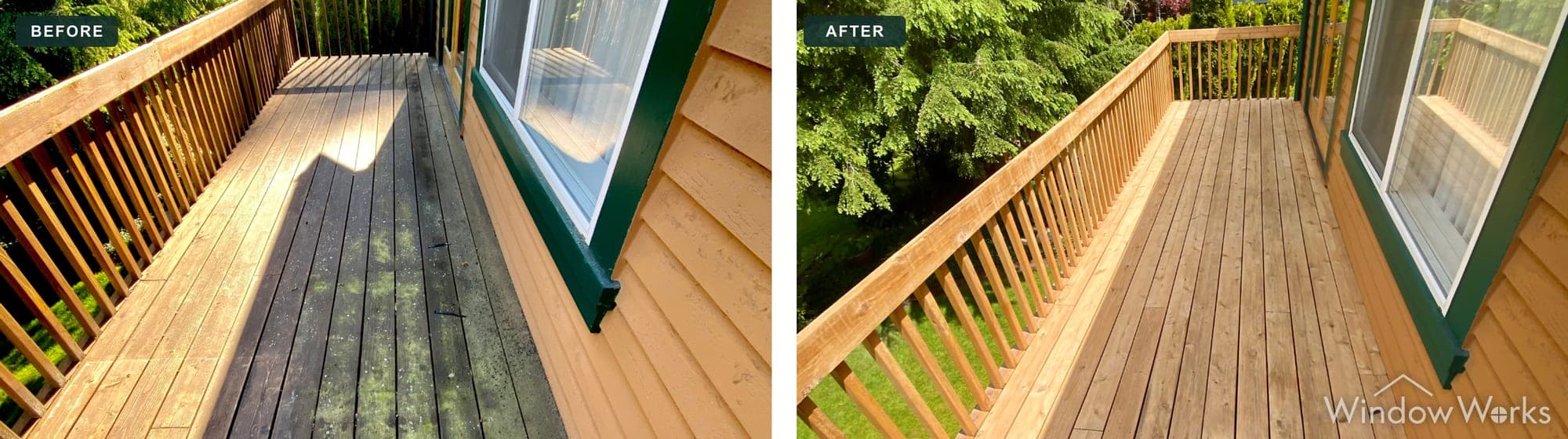 A WindowWorks technician removes green algae staining and built-up grime from a wood deck and railing, leaving the boards clean and evenly toned, Eastside Seattle.
