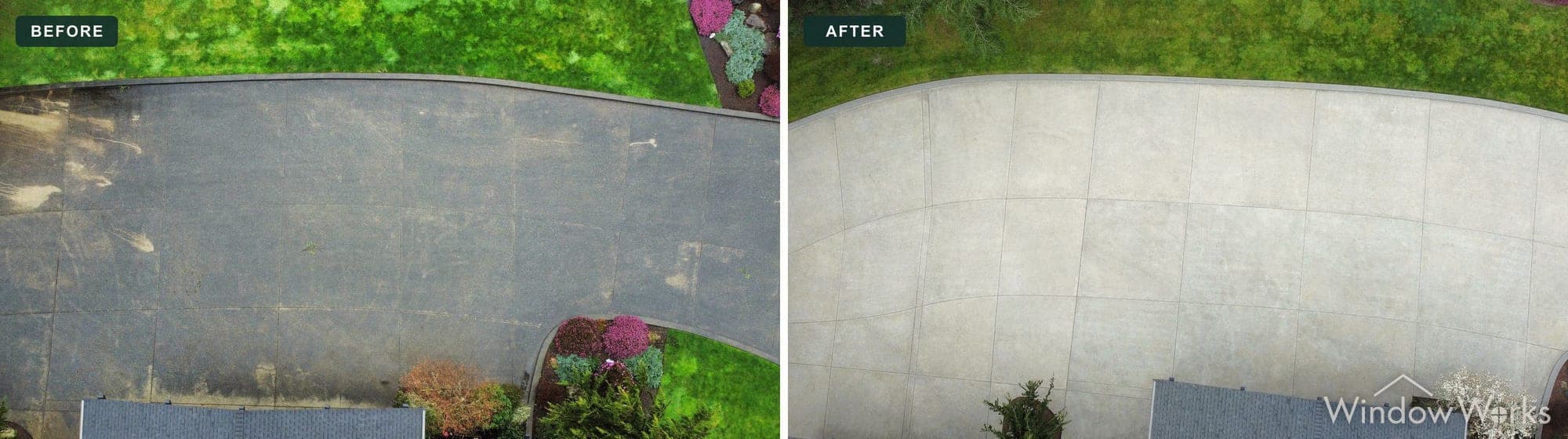 Before and after WindowWorks pressure washing a residential driveway, Eastside Seattle.