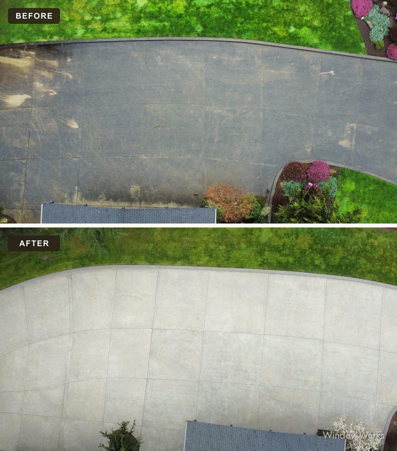 Before and after WindowWorks pressure washing a stained concrete driveway on the Eastside
