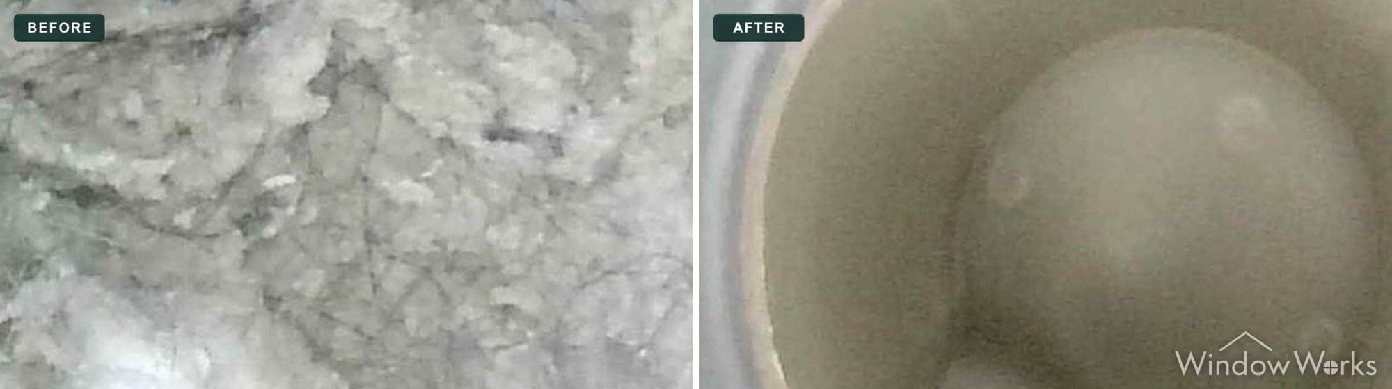 Before and after a WindowWorks dryer vent cleaning, a lint-fouled duct cleared to clean bare metal, Eastside Seattle.