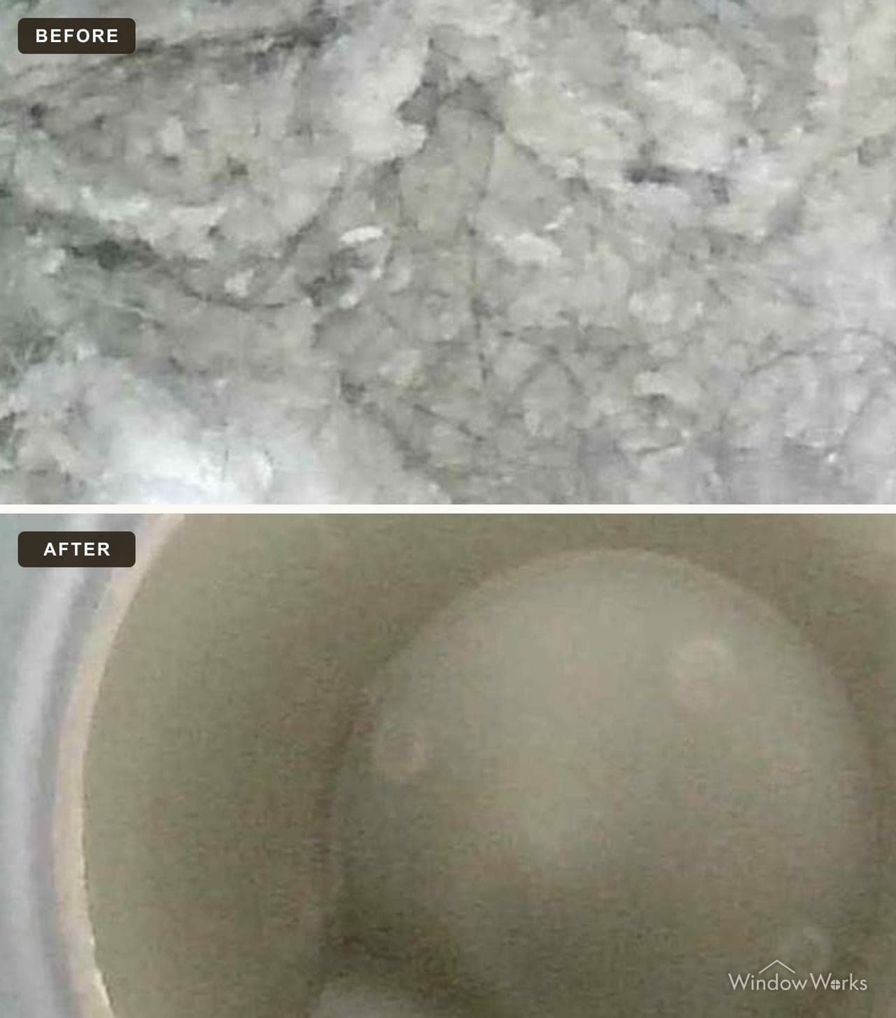 Before and after a WindowWorks dryer vent cleaning on the Eastside, a lint-packed vent cleared to a clean, clear interior