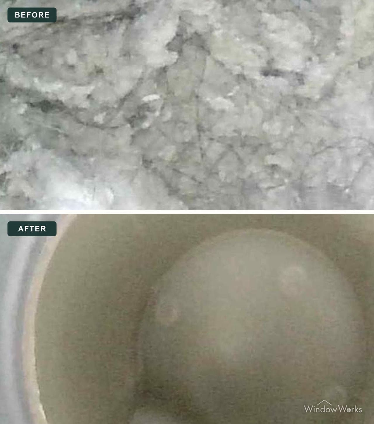 Before and after a WindowWorks dryer vent cleaning on the Eastside, a lint-packed vent cleared to a clean, clear interior