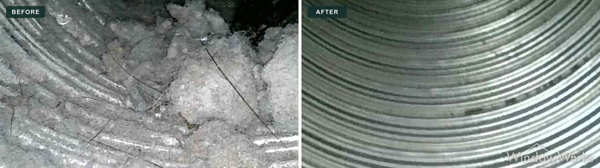 Before and after WindowWorks clearing matted lint packed along the wall of a dryer duct, the ribbing cleaned back to bare metal, Eastside Seattle.