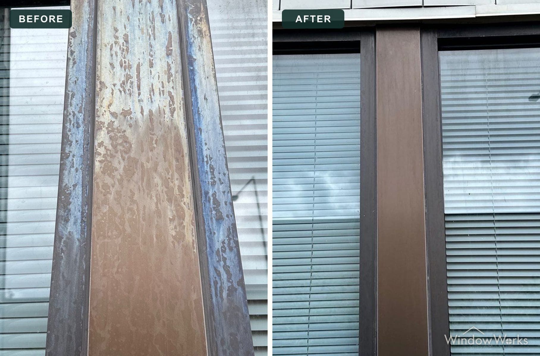 Before and after WindowWorks stripping oxidation and corrosion from a bronze window mullion, Eastside Seattle.