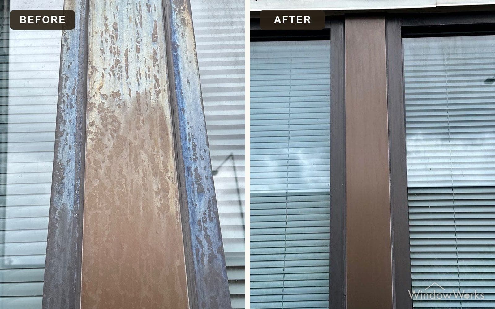 Before and after WindowWorks stripping oxidation from a bronze window mullion on the Eastside