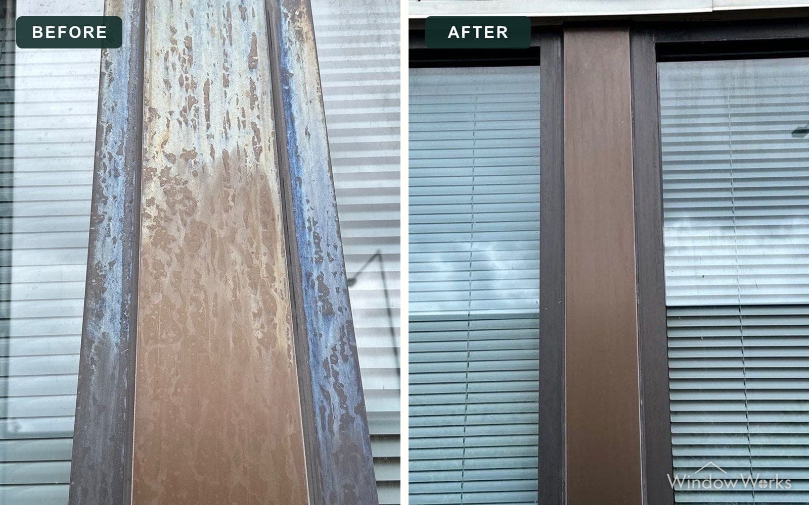Before and after WindowWorks stripping oxidation from a bronze window mullion on the Eastside