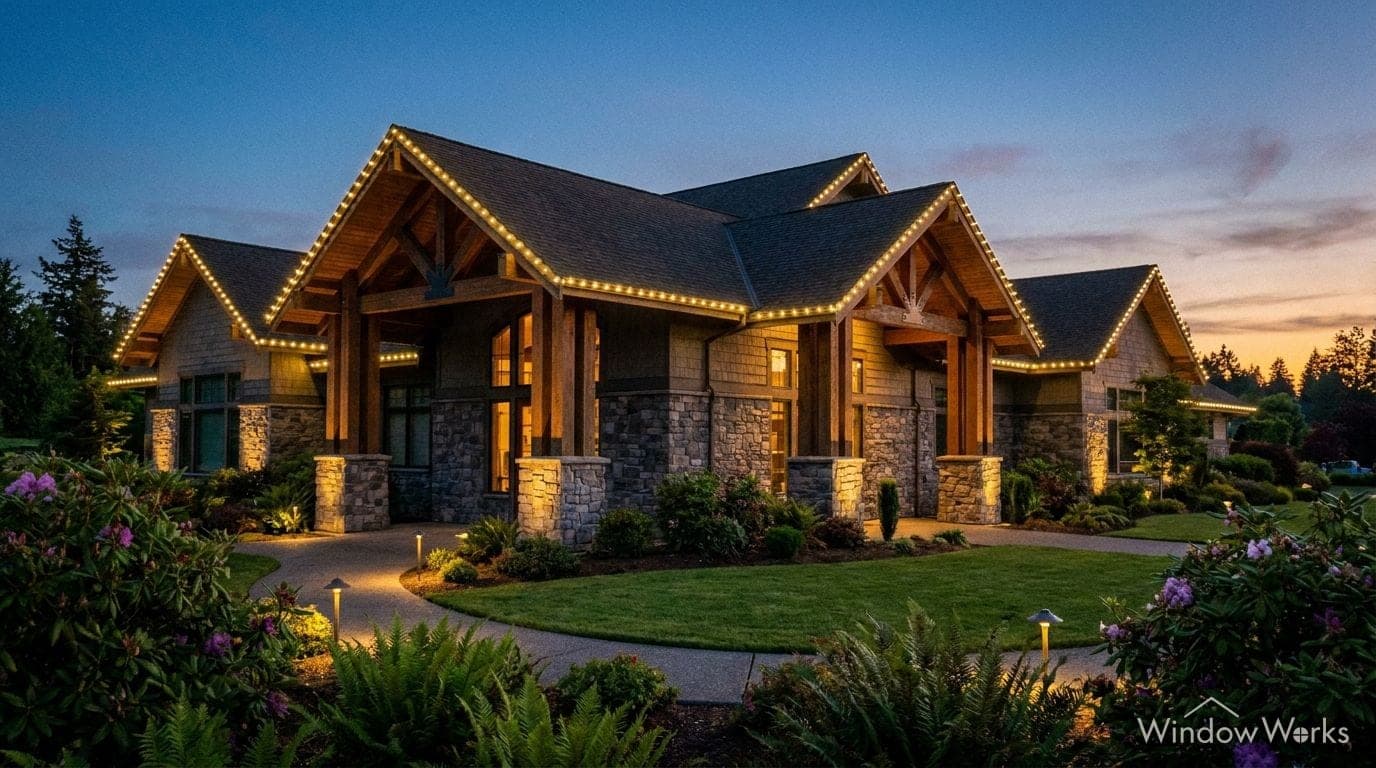 Render of a community clubhouse at twilight with warm white lights along every gable and floods on the stone columns.