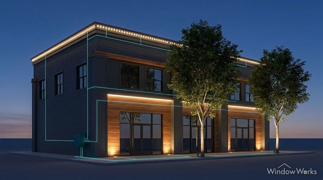 Render of a retail building at dusk with one control box wired to the parapet lights, light bars, floods and tree uplights.