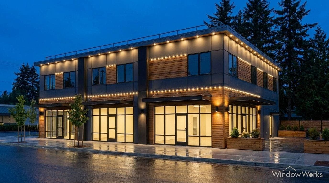 Render of the retail building at night with bright out-facing points of light along the parapet and bands.