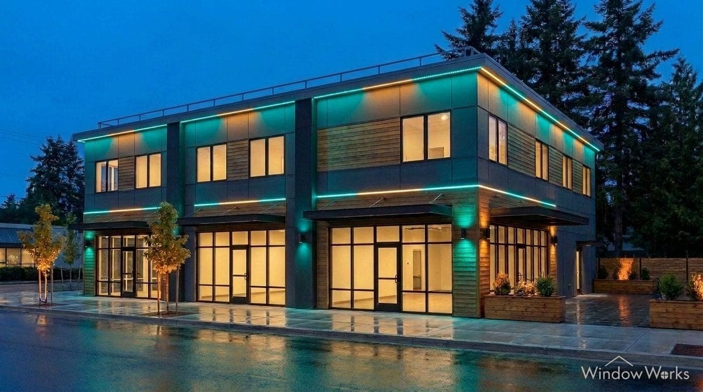 Render of the retail building at night in teal and amber brand colors.