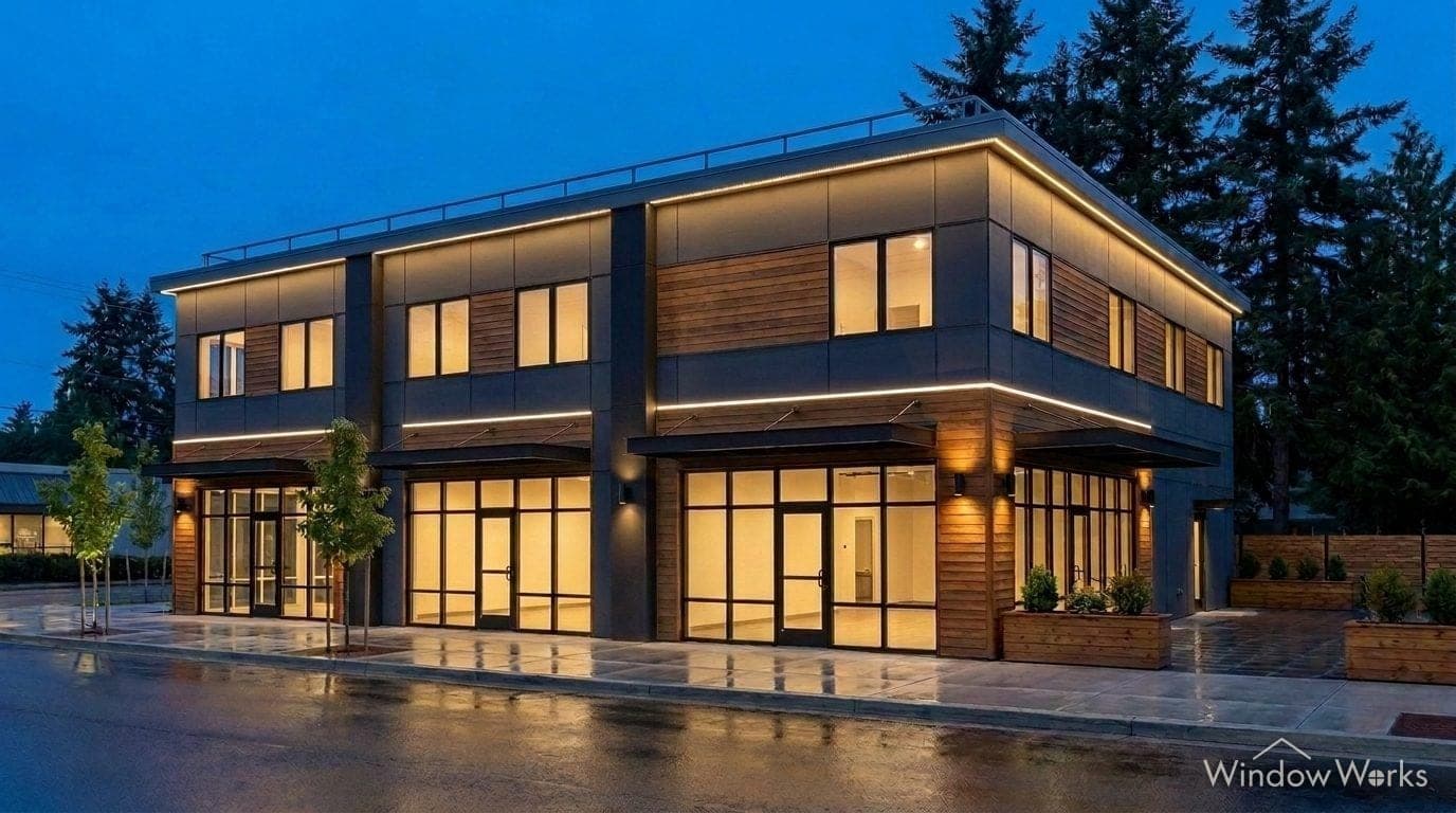 Render of the retail building at night in clean warm white along the parapet and bands.