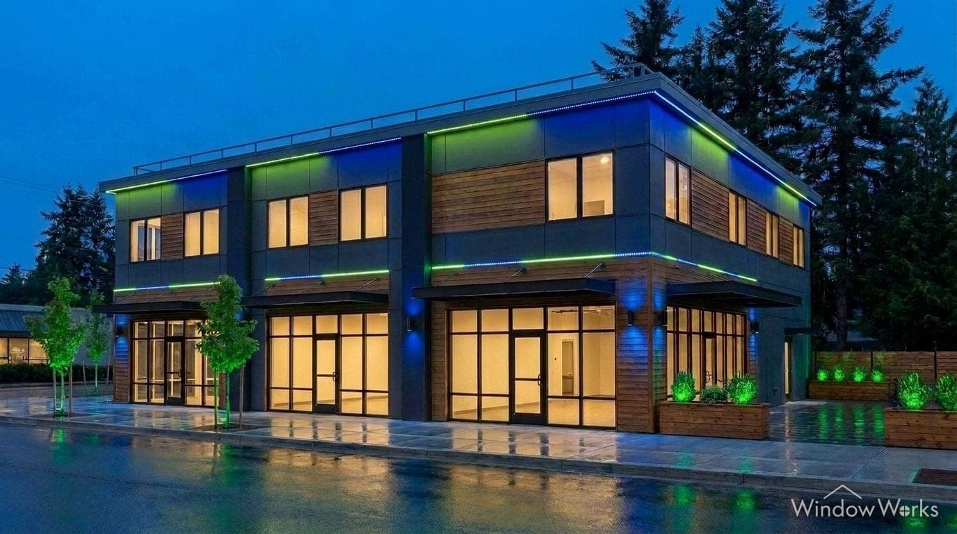 Render of the retail building at night in a blue and green game day scene.