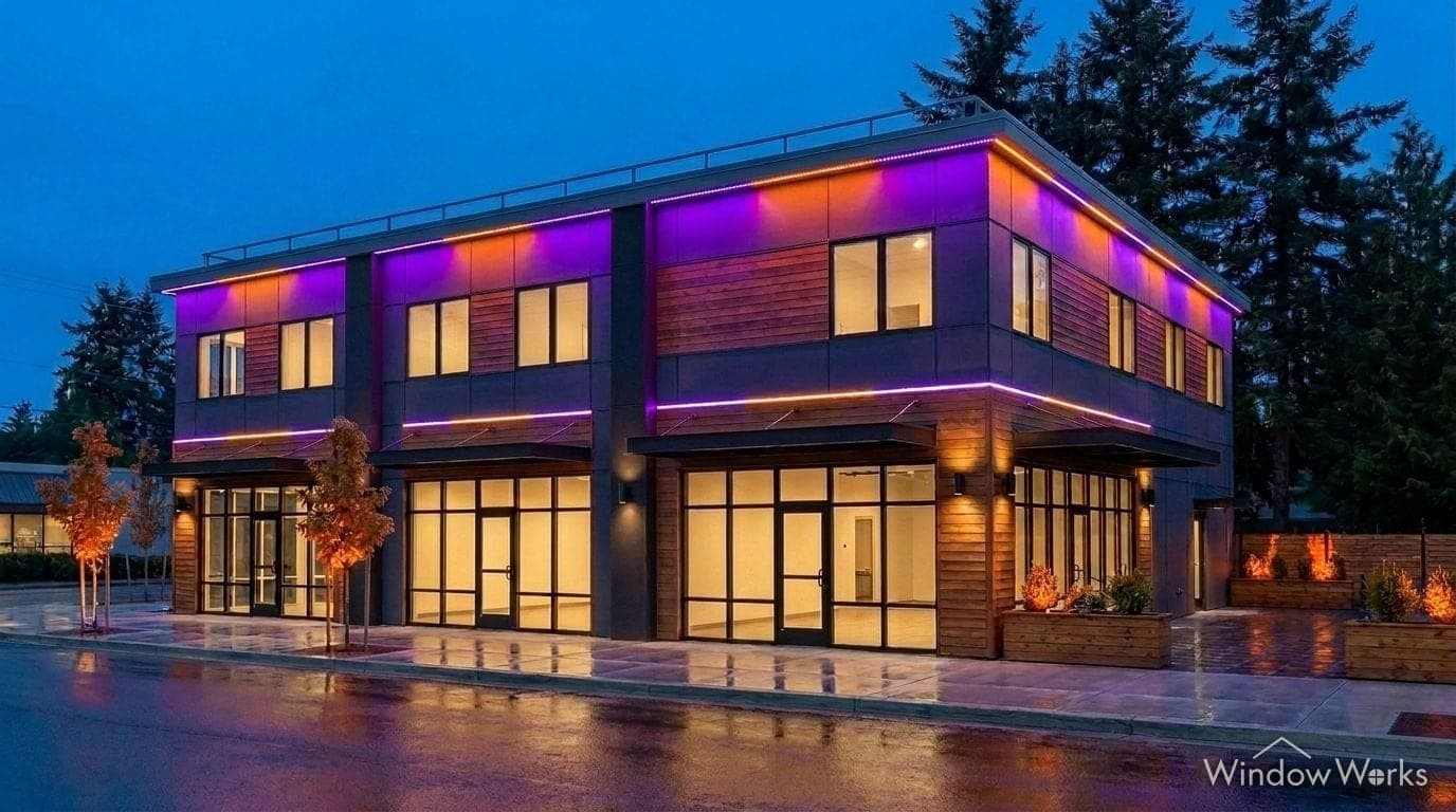 Render of the retail building at night in an orange and purple Halloween scene.