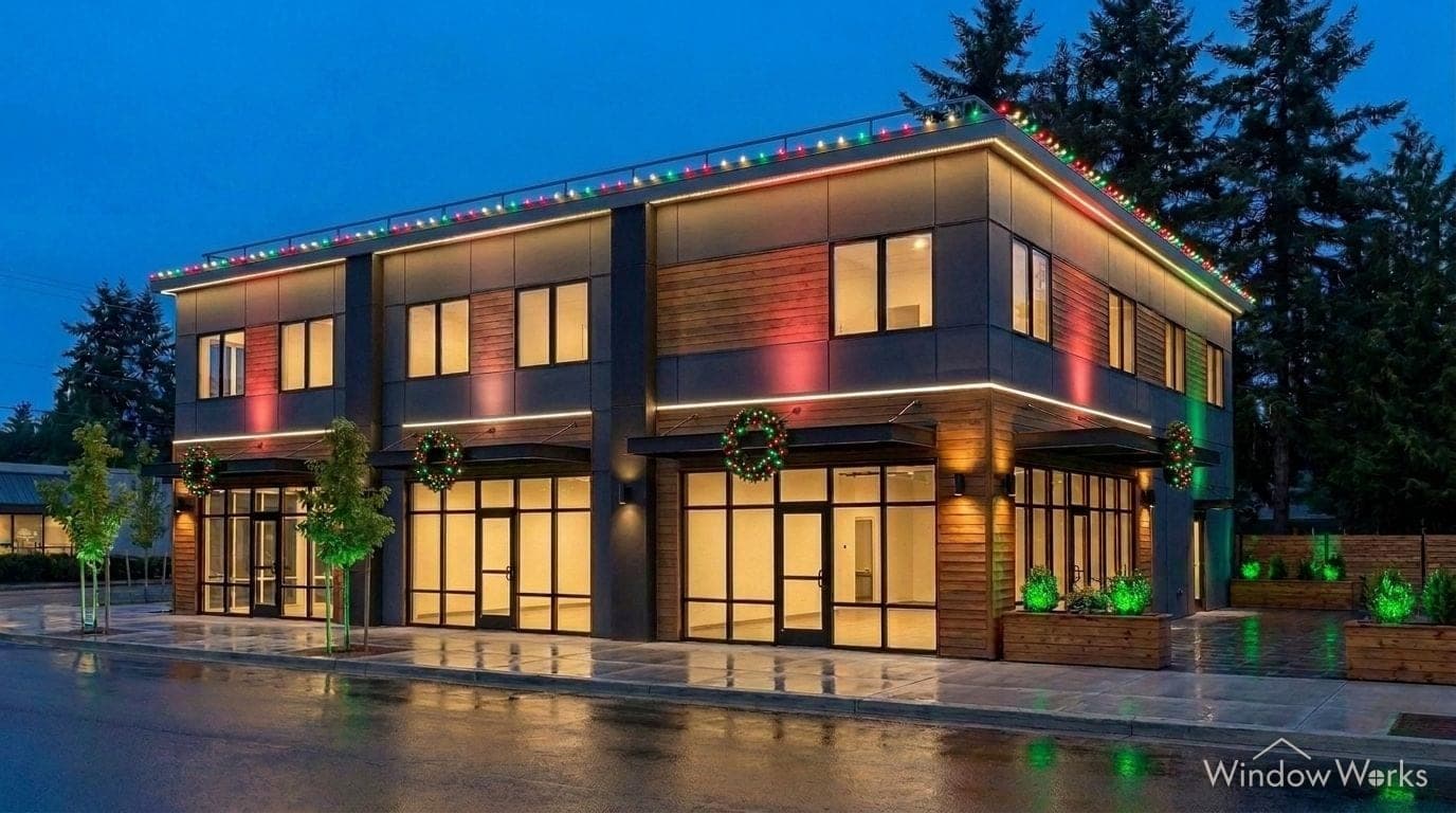 Render of the retail building at night in a red, green and warm white holiday scene with wreaths on the awnings.