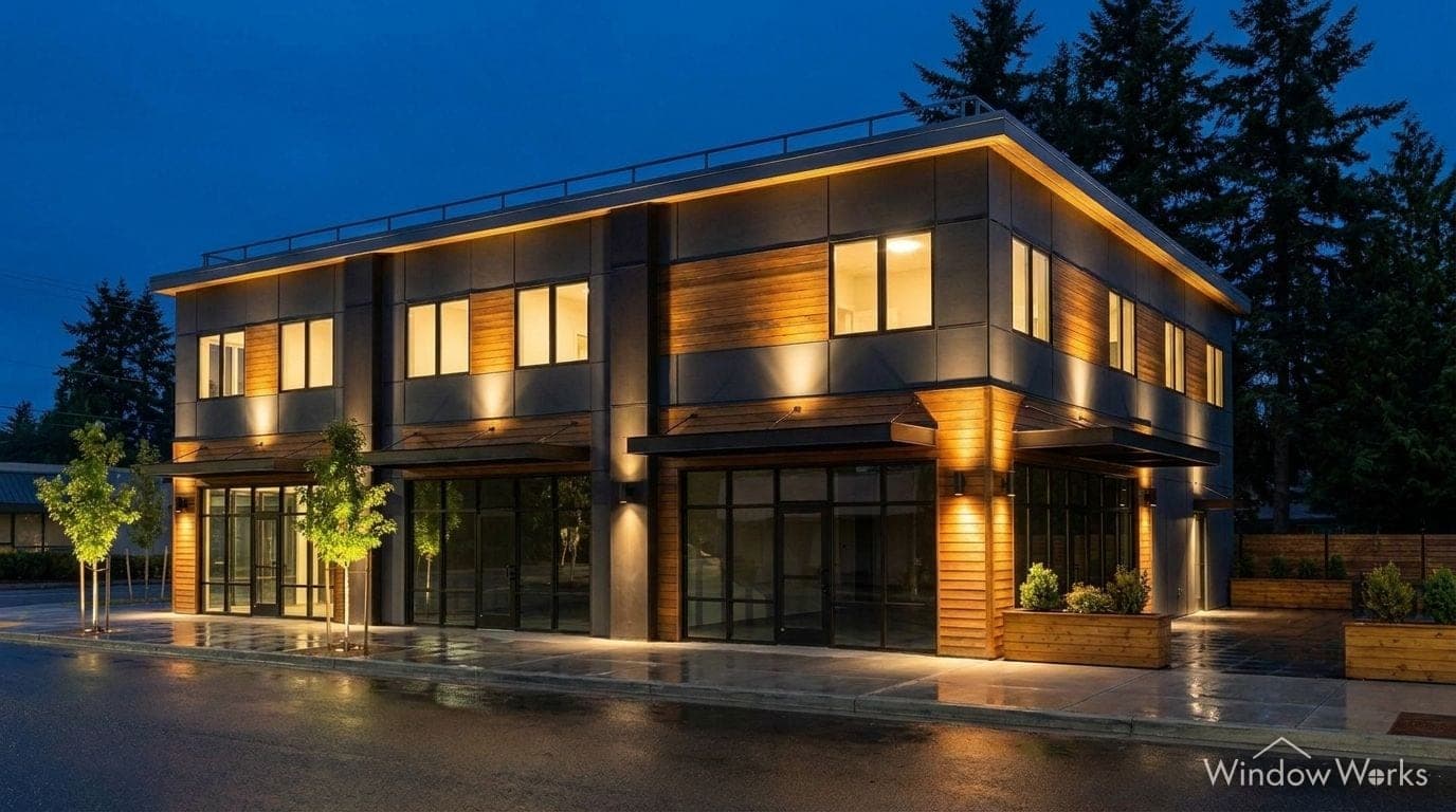 Render of the retail building at night with warm light thrown up the columns and cedar from ground floods.