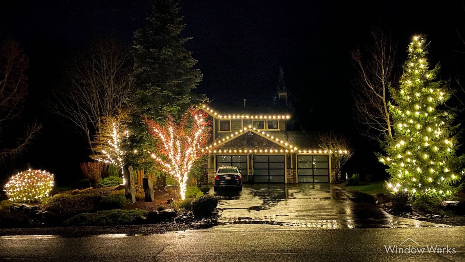 A home in warm white bulbs with two firs lit beside the drive.