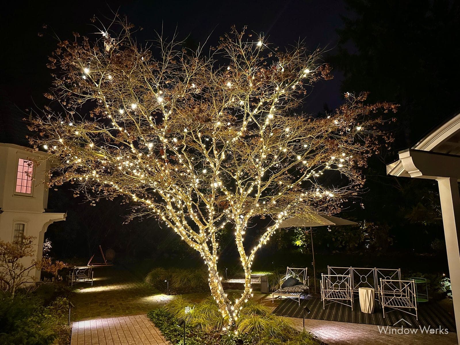 A mature tree wrapped in warm white bulbs over a lit patio, the seating and path lights glowing beneath the canopy.