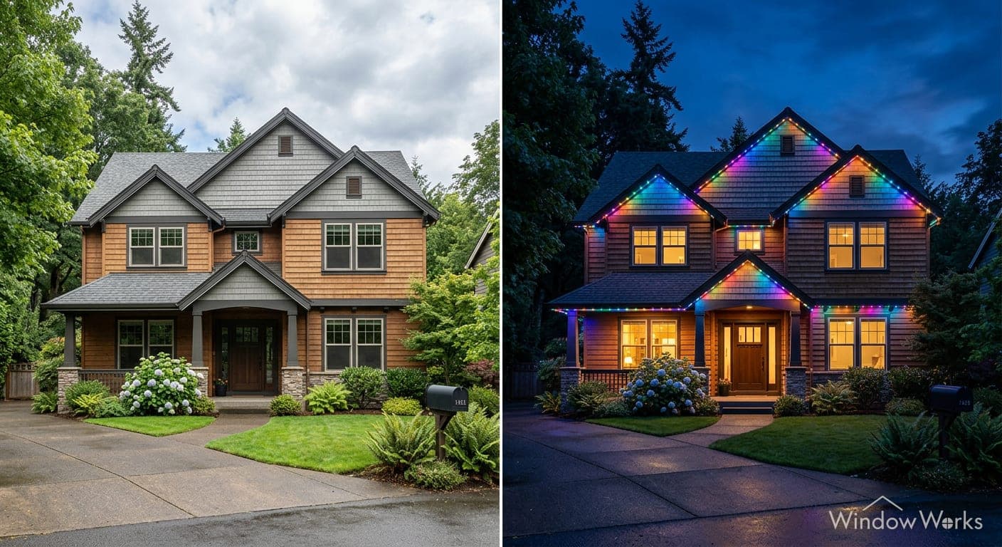 Render of one home side by side, plain in daylight and every roofline and gable running full color after dark.