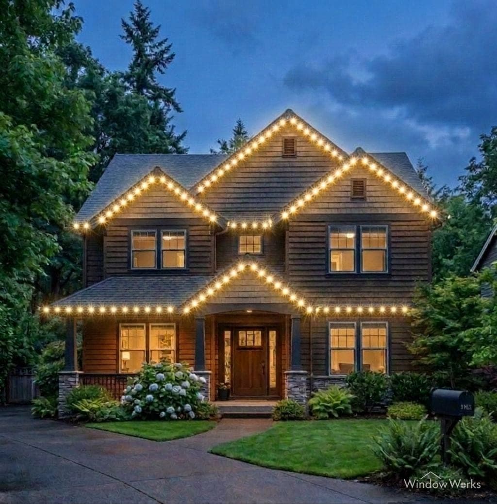 The same house with out-facing warm white lights showing as bright points along every roofline