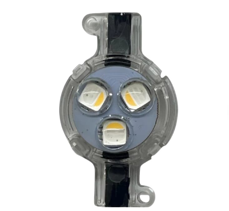A round Puck light module with three LEDs and mounting tabs.