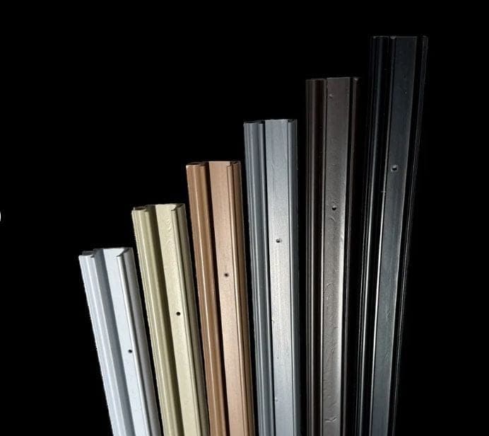 Six hard plastic light channels standing in a row: white, sand, light brown, gray, brown and black.