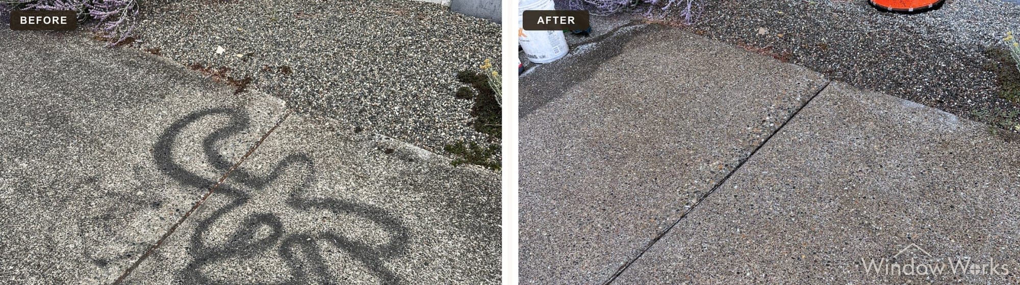 Before and after WindowWorks removing spray-paint tags from a commercial wall on the Eastside