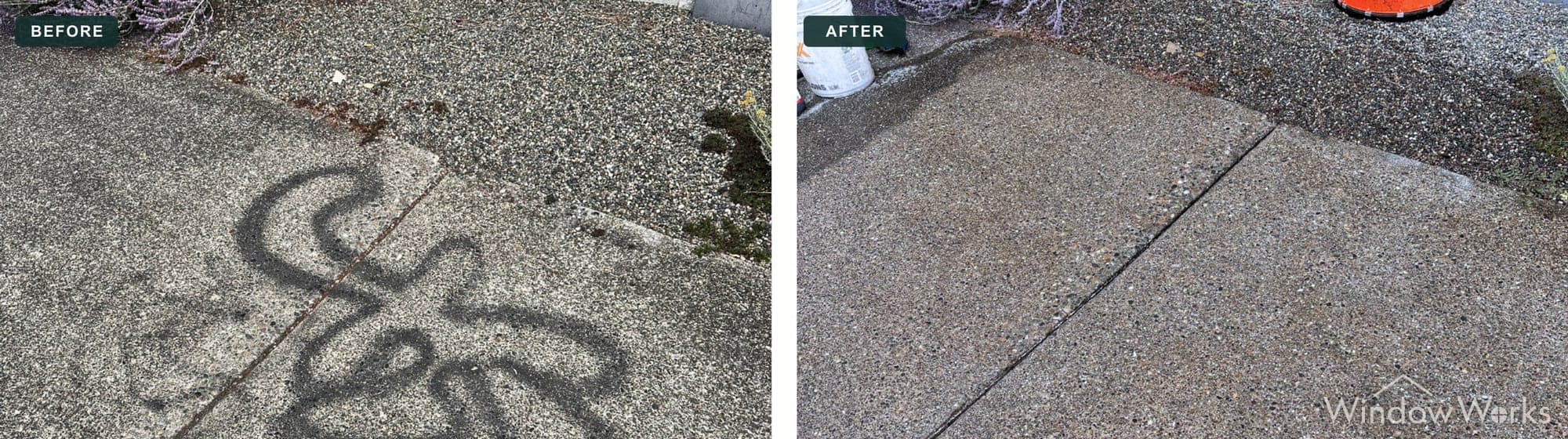 WindowWorks removed black spray-paint graffiti from an aggregate concrete walkway, Eastside Seattle.