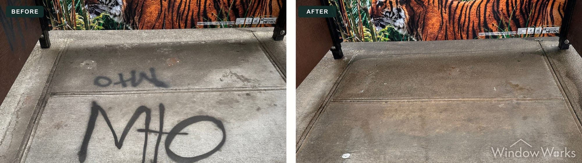 WindowWorks removed black spray-paint tags from a concrete patio beside a tiger-mural railing, Eastside Seattle.