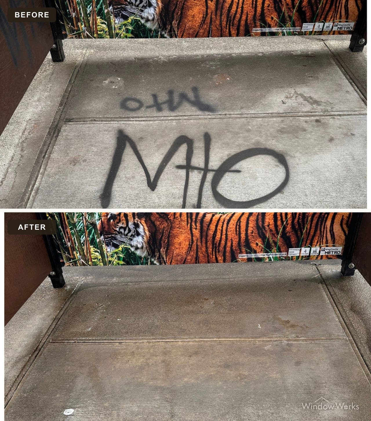Before and after WindowWorks removing black spray paint tags from the concrete pad of a transit shelter on the Eastside