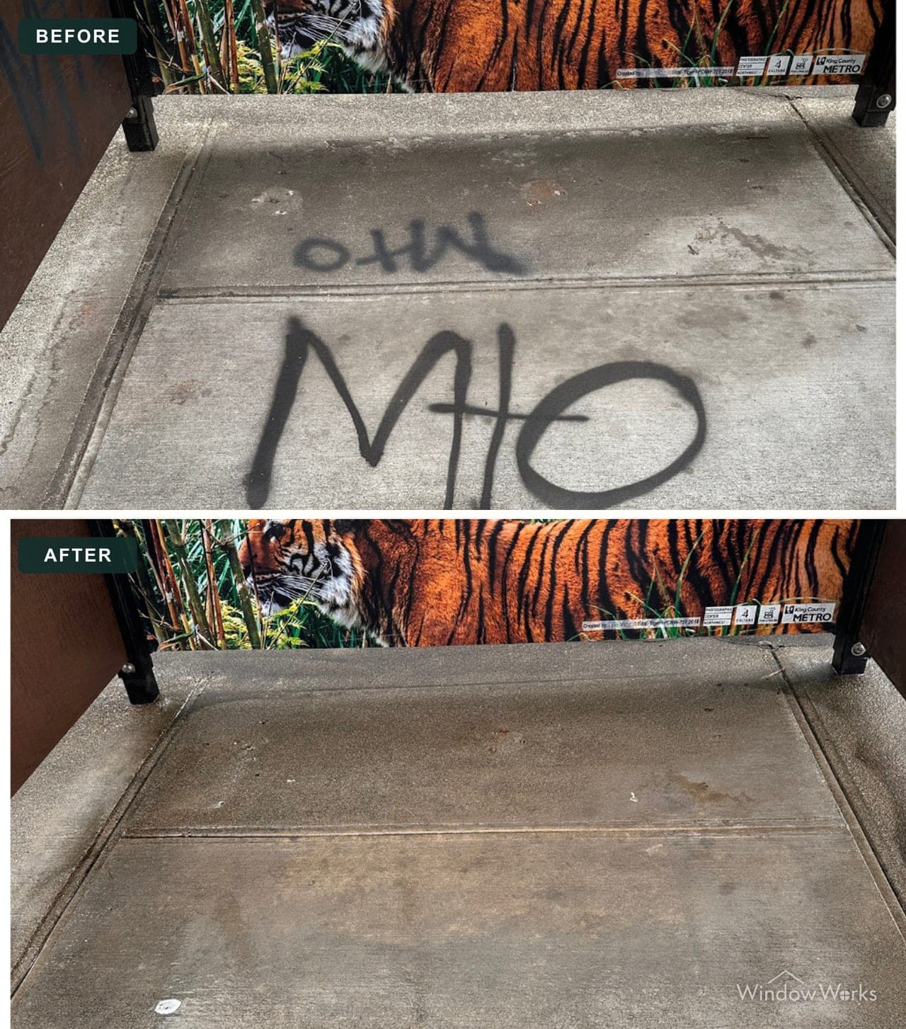 Before and after WindowWorks removing black spray paint tags from the concrete pad of a transit shelter on the Eastside