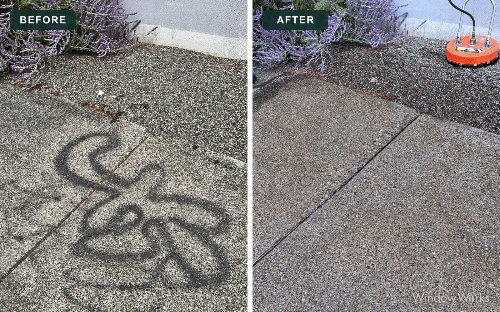 Before and after WindowWorks removing black spray paint graffiti from an aggregate concrete walkway on the Eastside