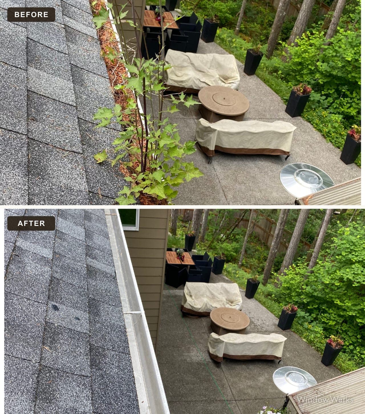 Before and after WindowWorks clearing a debris-clogged roof gutter on the Eastside