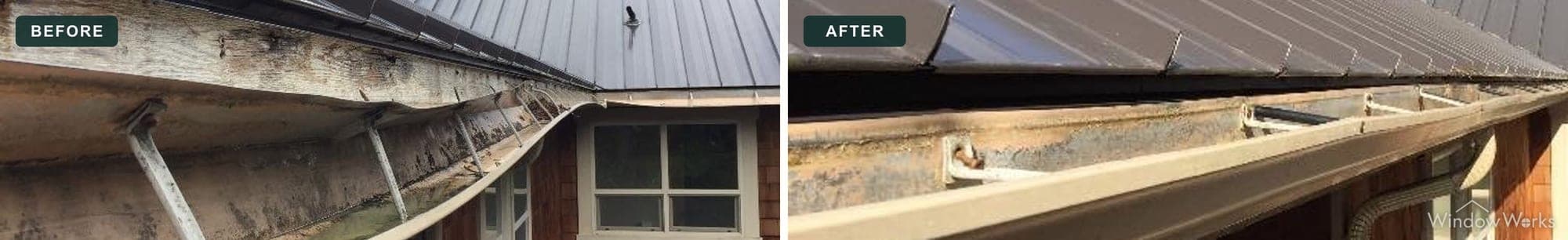 Before and after WindowWorks resecuring a sagging gutter run that had pulled away from the fascia on an Eastside Seattle home.