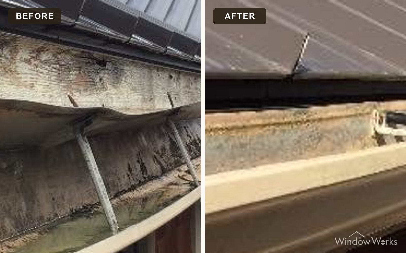 Before and after WindowWorks resecuring a sagging gutter run that had pulled away from the fascia