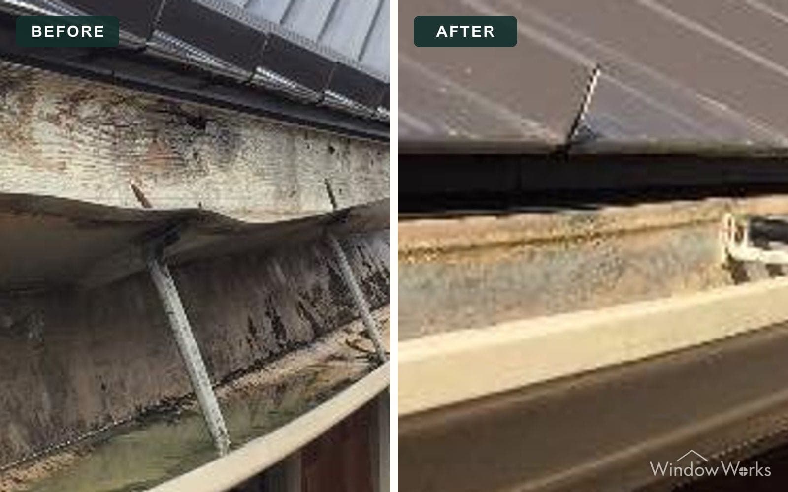 Before and after WindowWorks resecuring a sagging gutter run that had pulled away from the fascia