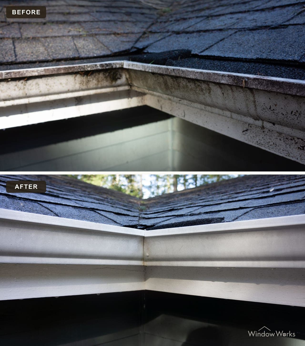 Before and after WindowWorks whitening a streak-stained aluminum gutter face back to clean white on the Eastside