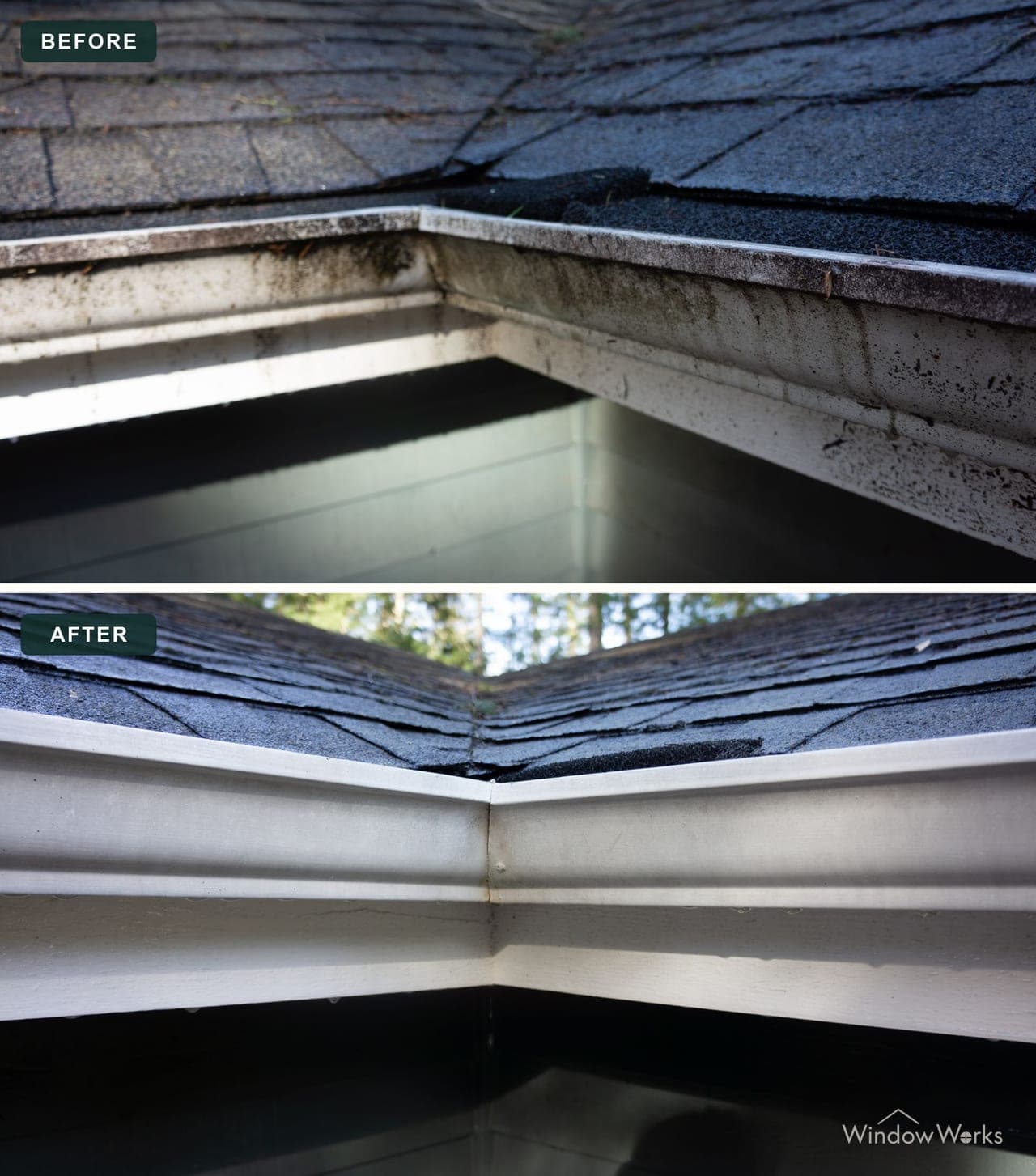 Before and after WindowWorks whitening an oxidized, streak-stained aluminum gutter face back to clean white, Eastside Seattle.