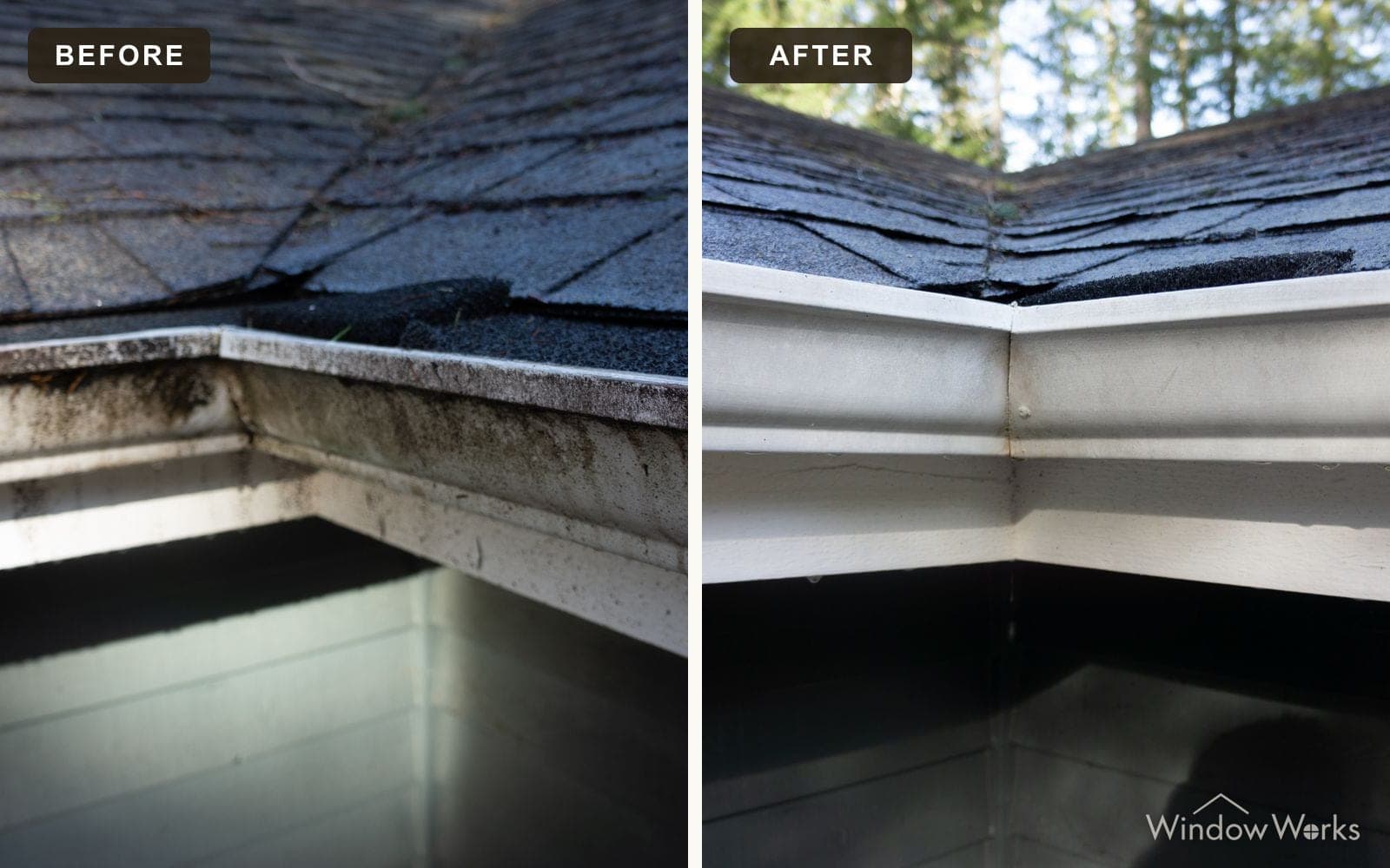 Before and after WindowWorks whitening an oxidized, streak-stained aluminum gutter face back to clean white