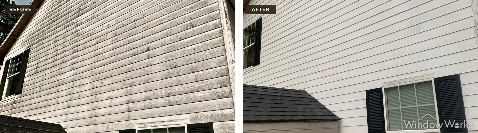 Before and after WindowWorks soft washing algae-stained siding on a two-story Eastside home