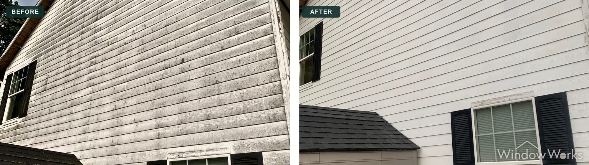 Before and after WindowWorks soft washing algae-stained siding on a two-story home, Eastside Seattle.