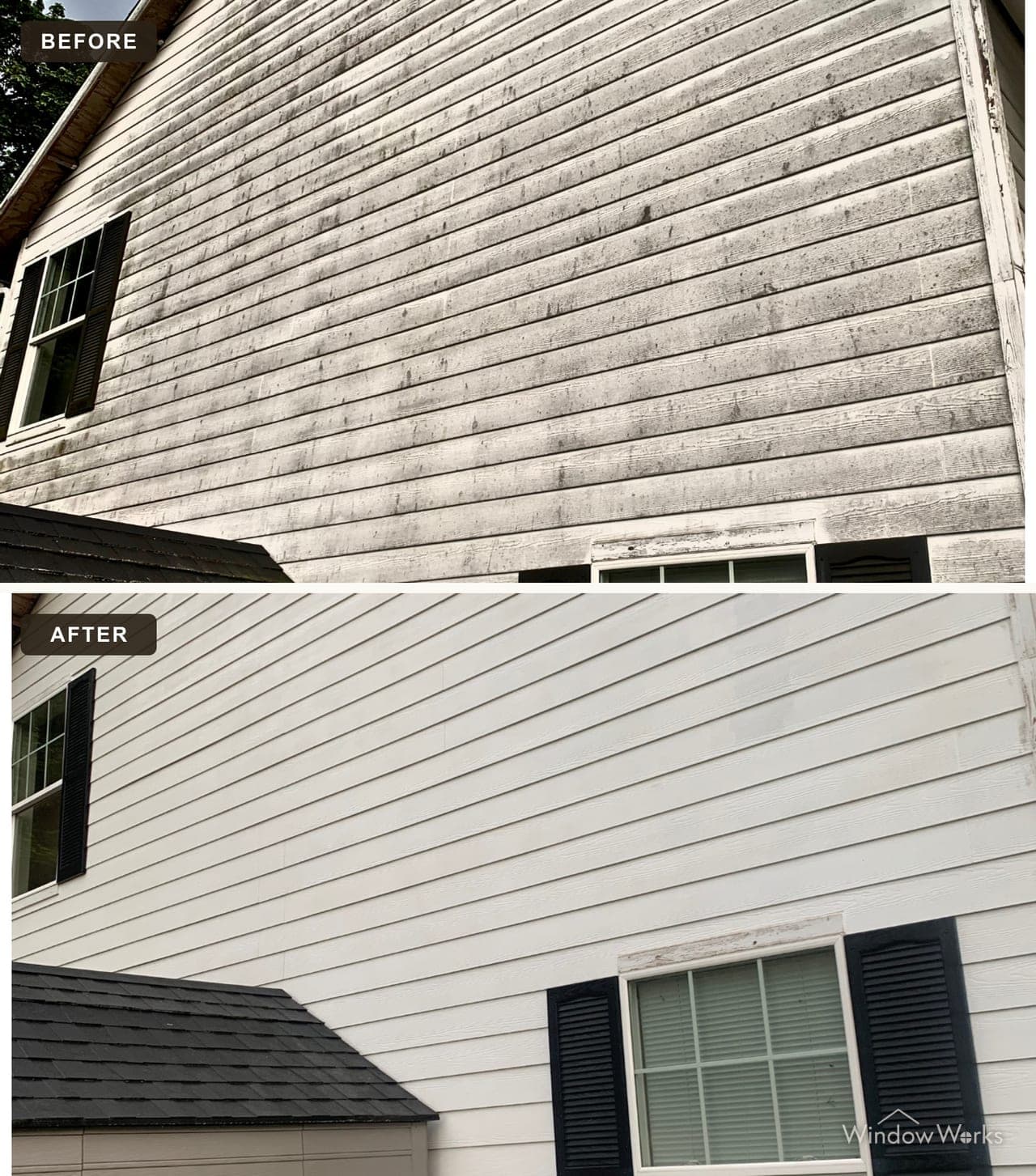 Before and after WindowWorks soft washing algae-stained siding on a two-story Eastside home