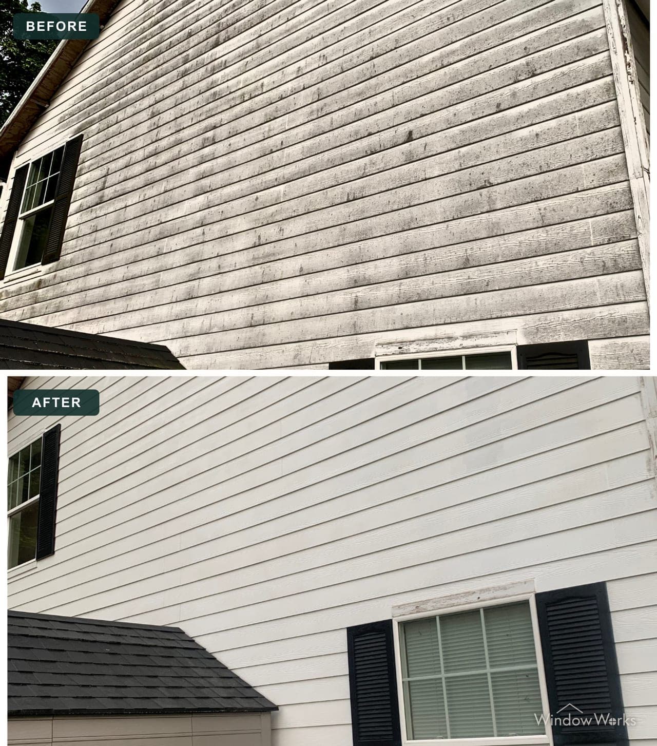 Before and after WindowWorks soft washing algae-stained siding on a two-story Eastside home