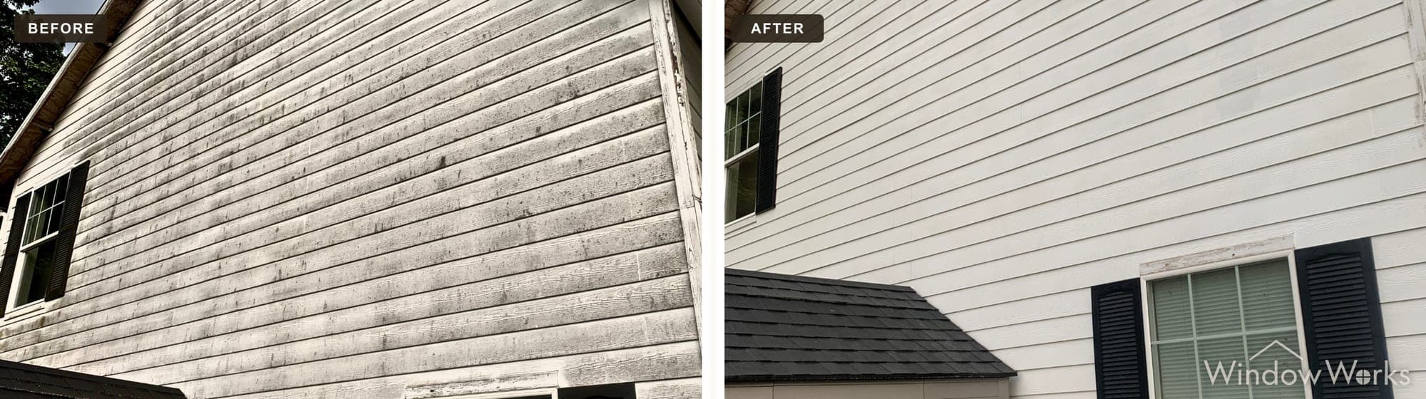 Before and after WindowWorks soft washing a two-story home's stained lap siding back to clean, Eastside Seattle.