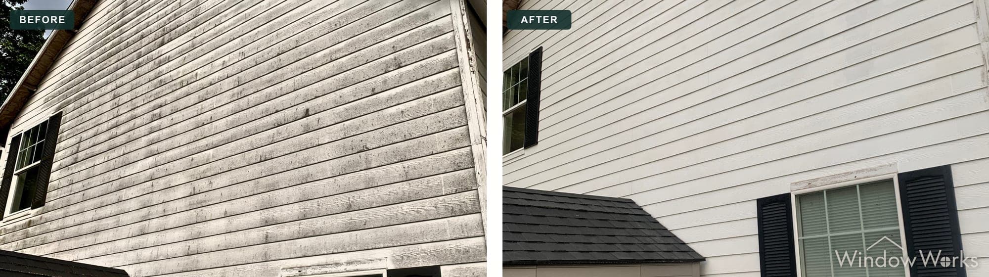 Before and after WindowWorks soft washing a two-story home's stained lap siding back to clean, Eastside Seattle.