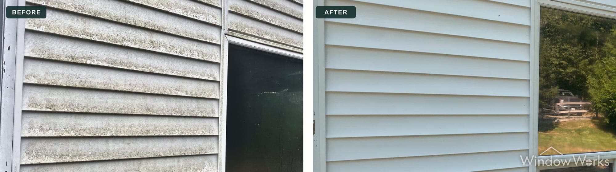 Before and after WindowWorks soft washing heavy algae and grime off a home's vinyl siding, Eastside Seattle.
